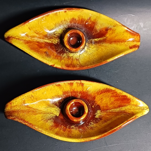 2 Leaf Shaped Pottery Candlestick Holders Blue Mountain Pottery, Rustic Glaze - Picture 1 of 4